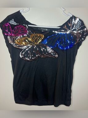 Forever 21 Black Tank Top with Multicolor Sequin Butterflies